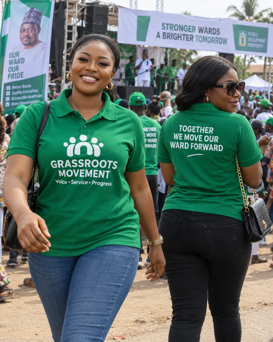 Sample green branded polo shown from the front and back